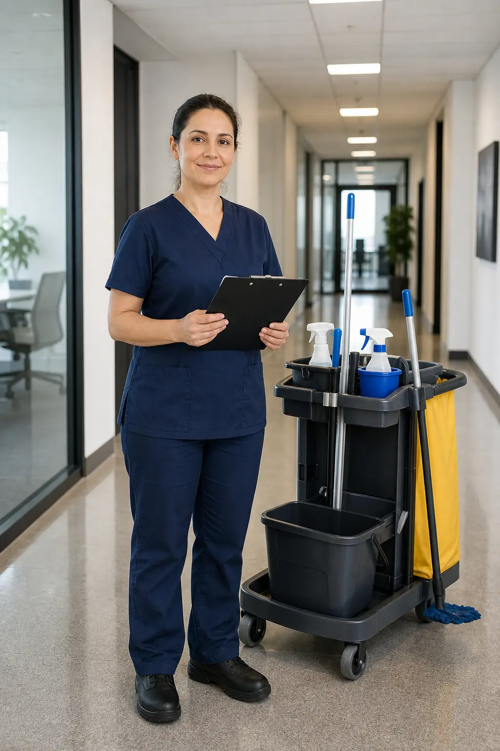 Agent de nettoyage professionnel pour entreprise à Bruxelles avec chariot