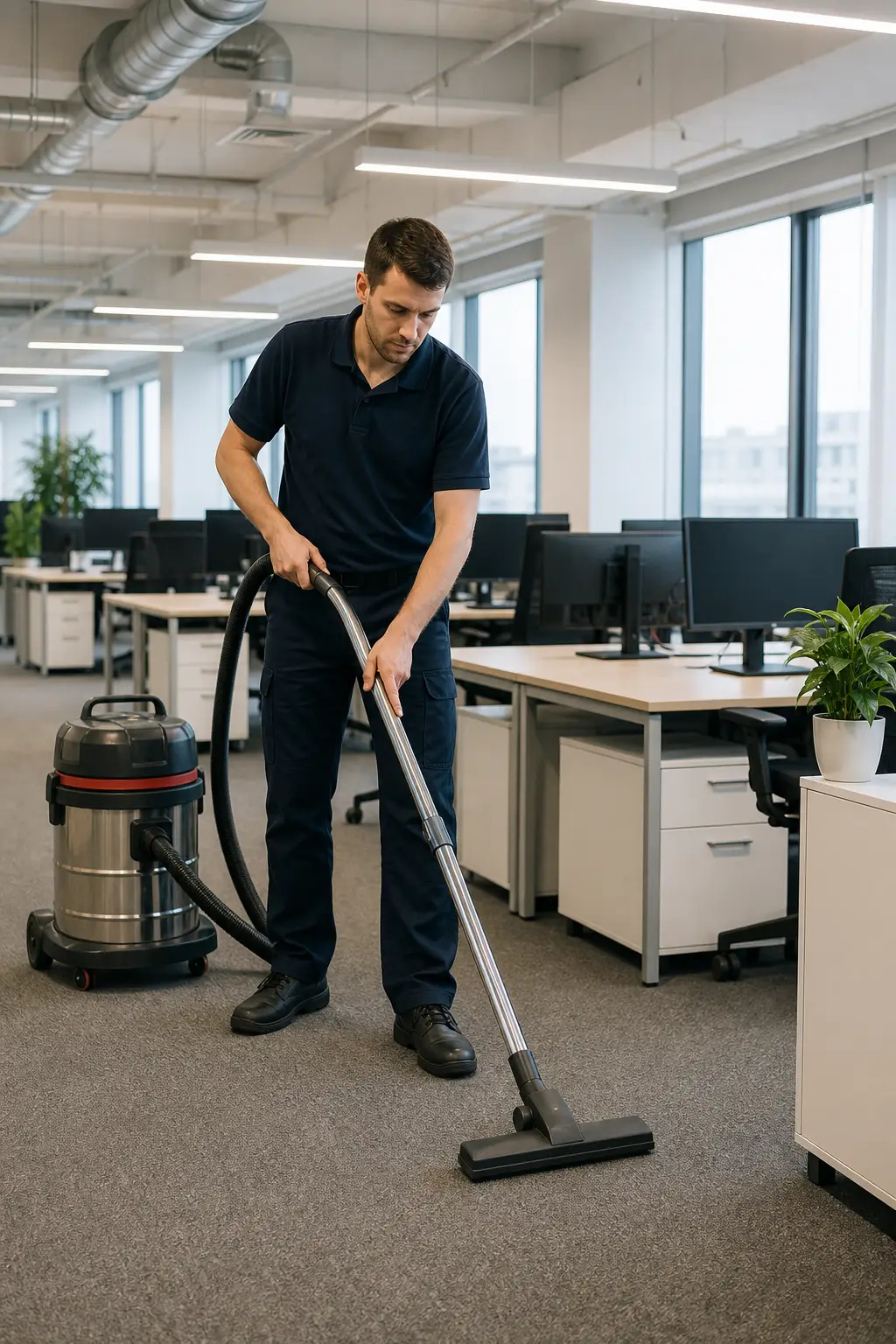 Agent effectuant un nettoyage professionnel pour entreprise à Bruxelles avec un aspirateur industriel dans des bureaux
