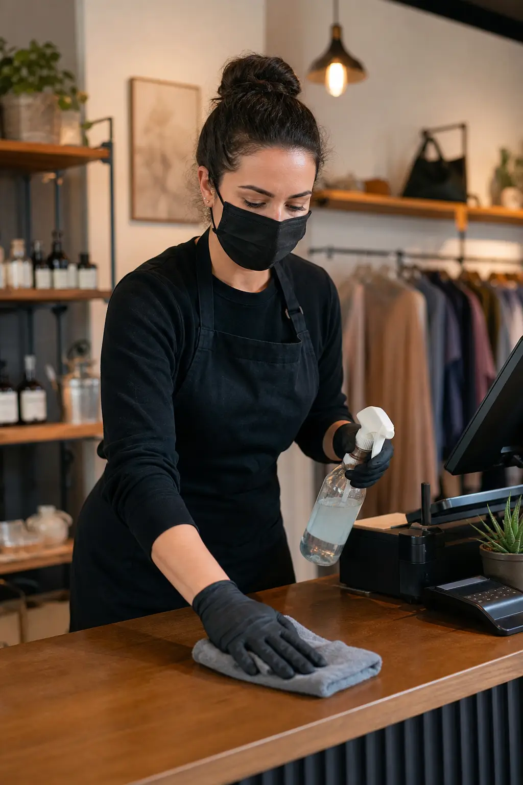 employee-avec-masque-et-gants-effectuant-un-1zue Employée avec masque et gants effectuant un nettoyage professionnel pour commerce