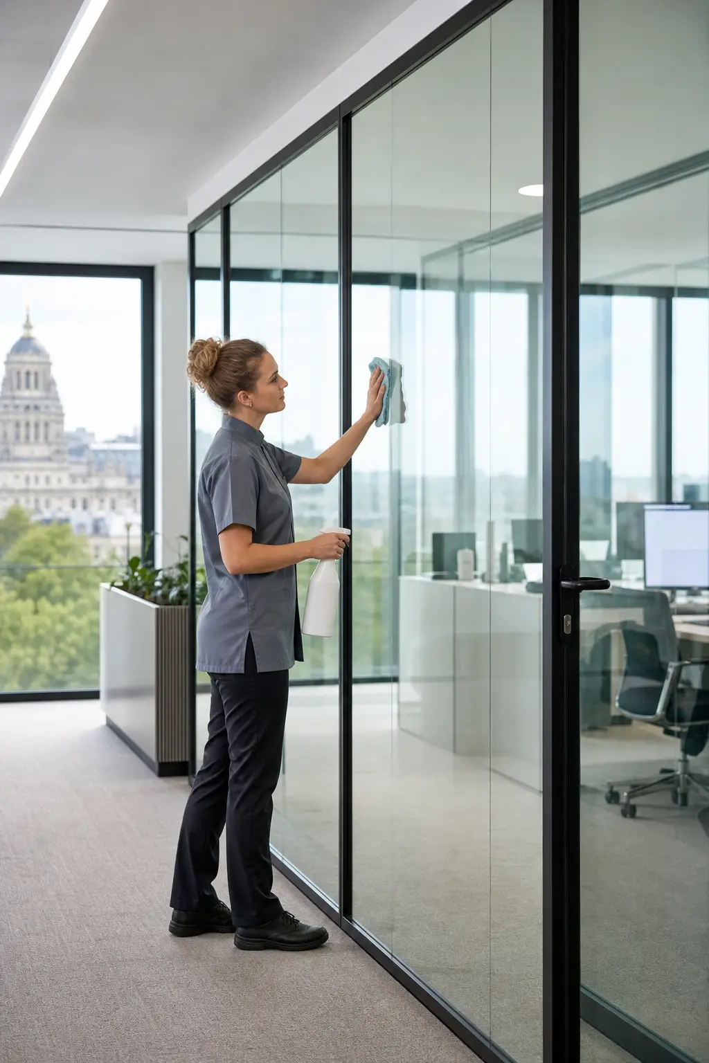 Femme effectuant un nettoyage professionnel pour entreprise à Bruxelles sur des vitres de bureau.