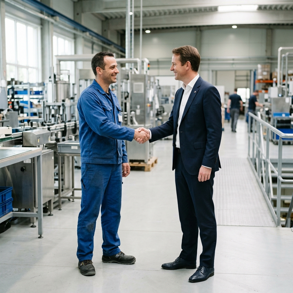 Poignée de main en usine illustrant la mise à disposition de personnel qualifié en Belgique.