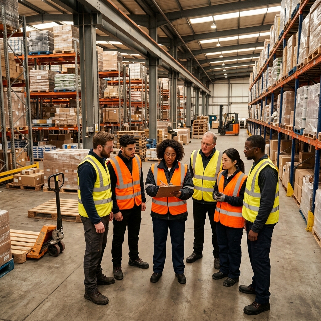 Réunion d équipe en entrepôt : mise à disposition de personnel qualifié en Belgique.