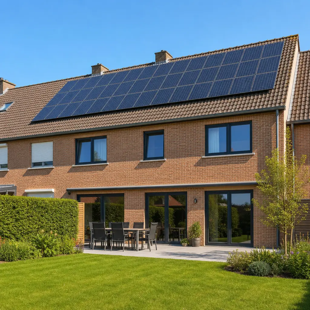 vaste-installation-panneau-solaire-en-omdj Vaste installation panneau solaire en Belgique sur le toit d une maison en briques.